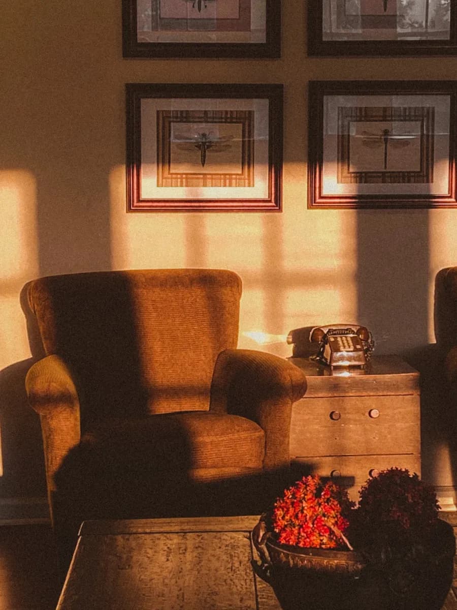 Un sillón junto a una cómoda de madera con luz cálida de tarde